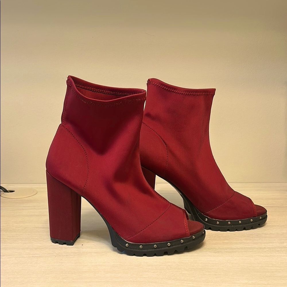 PAZZLE WIMEN OPEN TOE CUT OUT CHUNKY HEELS BURGUNDY SIZE 10